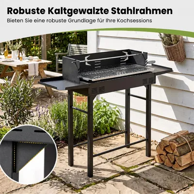 Immagine prodotto di Barbecue a carbone COSTWAY, ideale per campeggio, con griglia regolabile in altezza, superficie di cottura di 73x34 cm, 2 ripiani, spiedo rotante e 2 sollevatori per la griglia. Carrello per barbecue da esterno