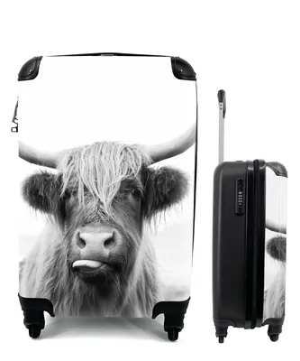 Produktbild von MuchoWow® Koffer Handgepäck Trolley Rollkoffer Kleine Reisekoffer mit 4 Rollen - Tiere - Schottischer Highlander - Kuh - Schwarz - Weiß - Cabin Size < 55x40x23 cm & 55x40x20 cm - Fotokoffer - Kabinenkoffer - Boardgepäck - Reise-Box - Reisekoffer - Reisegepäck - Koffer mit Bild - Trolley für Kinder