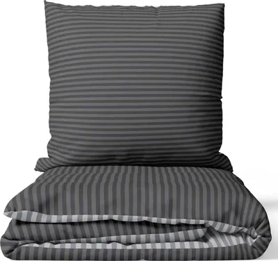 Produktbild von Baumwolle Bettwäsche 4-teilig Set 155x220 cm Grau gestreift Wendeseite Reißverschluss