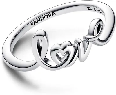A close-up studio shot of a silver Pandora ring with the word "Love" spelled out in script.