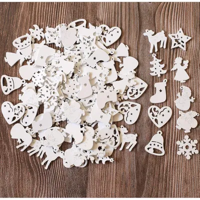 Immagine prodotto di Decorazioni natalizie in legno, circa 100 pezzi, ornamenti per albero di Natale, mini fiocchi di neve, Babbo Natale, colore bianco, dimensioni 3,5 cm