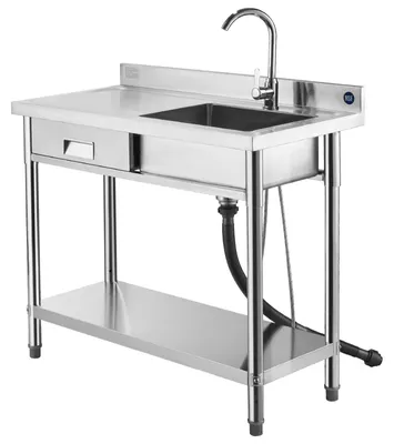 Produktbild von Spültisch Spülbecken Edelstahl (100 x 50 x 94 cm), Einzelbecken mit Wasserhahn & Schublade, Küchenspüle für Garage Restaurant Wäscherei