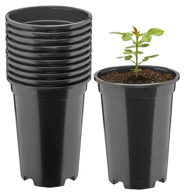 Produktbild von Garronda Set mit 10 runden Kunststoff-Pflanztöpfen mit Drainagelöchern für den Garten, Schwarz, Ø 14 x 18 cm (1,7 l) GD-KW-RR