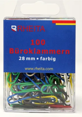 Produktbild von Briefklammern 28 mm, farblich sortiert, 100 Stück in Klarsichtbox