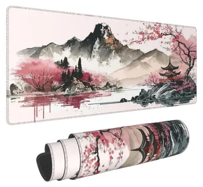 Produktbild von Großes Mauspad 80x40 cm mit Kirschblüten-Design, rutschfester Unterseite und genähten Kanten