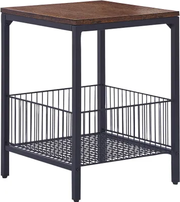 Produktbild von BELIANI Beistelltisch Dunkelbraun Faserplatte Holzoptik Quadratisch Metallgestell Schwarz mit Drahtkorb Couchtisch Sofatisch Wohnzimmertisch Industrie