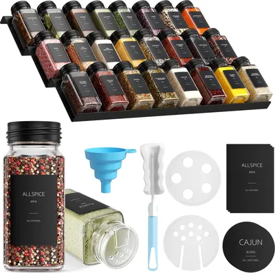 Image de Ensemble de 24 pots à épices - Bocaux en verre de 120 ml - Avec étiquettes - Couvercles hermétiques - Organisateur de tiroirs, largeur réglable - Noir