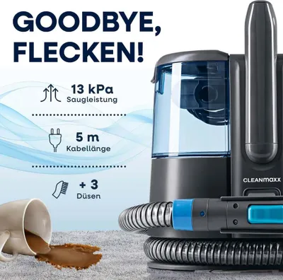 Produktbild von CLEANmaxx Polster- & Teppichreiniger 600W grau/blau mit Frisch- & Brauchwassertank Teppich Sofa Polster Reiniger Flecken Entferner tragbar Waschsauger