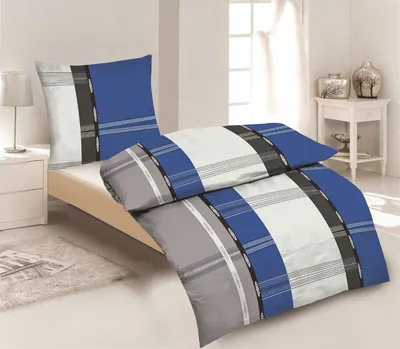 Produktbild von 2-tlg Mikrofaser Bettwäsche Set Bettgarnitur Bettbezug 135x200 Kissenbezug 80x80 Modern Karo Gestreift NEU Grau Blau