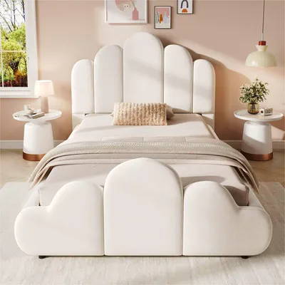 Produktbild von Polsterbett 90 x 200 cm, mit Rutsche, gepolstertem Kopfteil, Lattenrost, für Kinderzimmer und Jugendzimmer, Samtbezug, Beige
