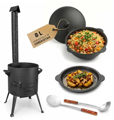 Produktbild von Utschak Ø36cm 2mm Stahl Feuerofen mit Abzugsrohr Aschekasten Gusseisen Kazan 8L Set Outdoor Küche Campingofen Feldküche Dutch Oven BBQ Lagerfeuer Eintopfofen