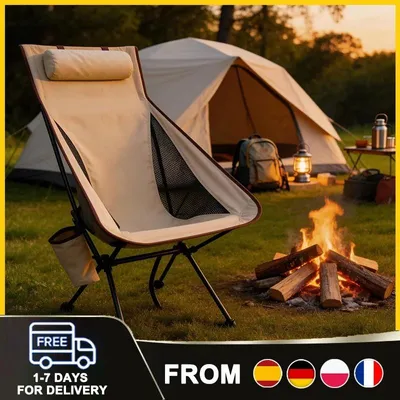 Produktbild von Faltbarer Campingstuhl, ultraleicht und tragbar, mit Tragetasche und Kopfstütze. Aluminium-Angelstuhl für den Outdoor- und Wanderbereich