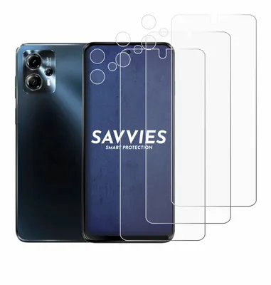 A smartphone and screen protectors are displayed against a white background.
