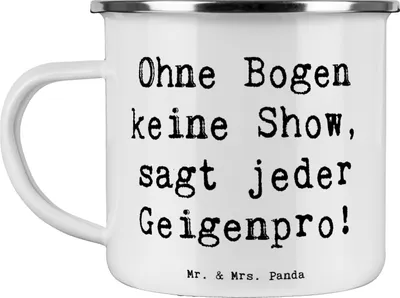 Produktbild von Mr. & Mrs. Panda Emaille Tasse Spruch Geige Bogen - Weiß - Geschenk, becher, Folklore, Haferl, Instrument, Kammermusik, Musik, Violinist, Blechtasse, Kaffeepott, Lernen