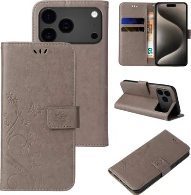 Produktbild von Handyhülle für Apple iPhone 17 Pro Max Floral Blumen Schmetterling Flip Cover Hülle Case Klapphülle Handytasche Farbe: Grau