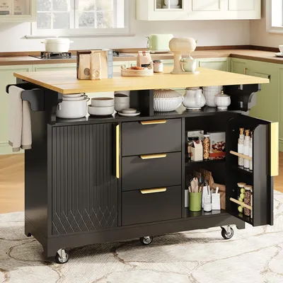 Obrázok produktu pre MODFU Multifunkčný kuchynský ostrov s pracovnou výškou 95 cm, kuchynský vozík s výsuvnou pracovnou doskou (120–197 cm), 3 zásuvky, servírovací vozík na kolieskach, čierna farba