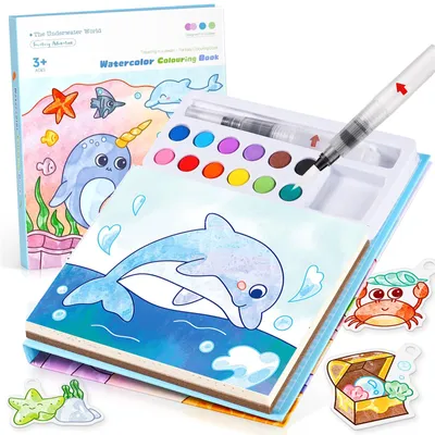 Immagine prodotto di Minicee - Libro da colorare con acquerelli per bambini: Animali marini, 24 pagine, dai 3 anni in su