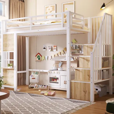Produktbild von Merax Etagenbett Hochbett 90x200 cm Kinderbett mit Stauraumleiter, Schutzgeländer, Spielbereich, Ablagefächern, Jugendbett Stockbett, Weiß
