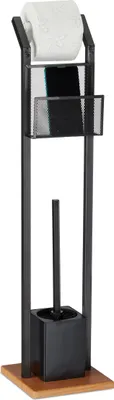Produktbild von Relaxdays WC-Garnitur mit Ablage, Papierhalter, WC-Bürste, Bürstenhalter, quadratischer Fuß, Holzoptik, H 78 cm, schwarz
