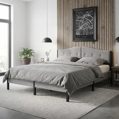 Produktbild von Polsterbett 180x200 cm, Doppelbett mit stabilem Bettgestell, Bettrahmen mit gepolstertes Kopfteil & Lattenrost, Modernes Jugendbett, Bett mit Stahlrahmen & Leinenstoff für Schlafzimmer, Grau