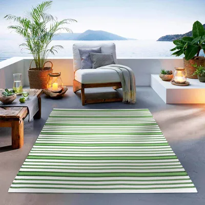 Produktbild von Outdoor Teppich I Wetterfest Für Drinnen und Draußen I Terrasse Balkon Garten Wohnzimmer Badezimmer Küche Flur Läufer |  Grün Streifen