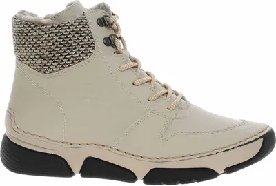 A single beige high-top sneaker boot is shown against a white background.