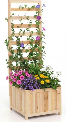 Immagine prodotto di COSTWAY Fioriera con griglia rampicante, fioriera per piante rampicanti, aiuola rialzata con graticcio, rivestimento interno e fori di drenaggio, vaso da fiori, altezza 123 cm (naturale)