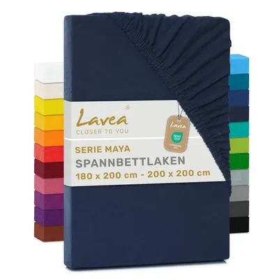 Produktbild von Lavea® Spannbettlaken 180x200cm - 200x200cm Maya Jersey, Bettlaken 100% Baumwolle, Matratzen bis 20 cm, Spannbetttücher, Galaxyblau