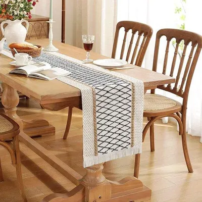 Produktbild von Handgeweven Beige tafelloper mit Fransen