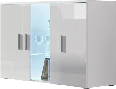 Produktbild von Furniture24 Kommode mit Blauer LED Beleuchtung SOHO S7 Sideboard Schrank Wohnzimmerschrank mit 3 Türen Weiß/Weiß Hochglanz