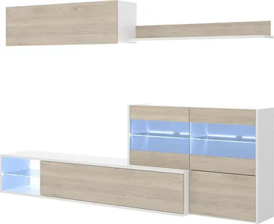 Produktbild von Wohnwand Daade, Modulares Eck-Wohnzimmerset, Multipositions-Wohnzimmermöbel mit LED-Licht, 260x41h180 cm, Eiche und Weiß