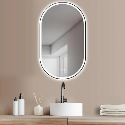 Produktbild von Bad Spiegel oval 50x90 cm / 90x50 cm Rimini+ Antibeschlag Funktion+schwarzem Rahmen. HOCH+QUER Montage. Design Spiegel+Touch Schalter+LED Wechsel-Warmweiß-Kaltweiß-tral