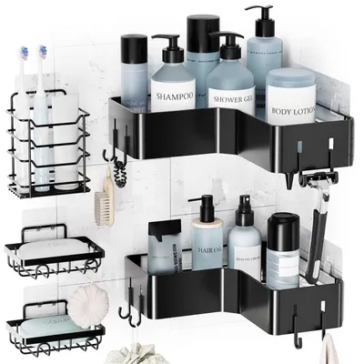 Image de Étagère d'angle pour douche, sans perçage, 5 pièces, étagère de douche noire