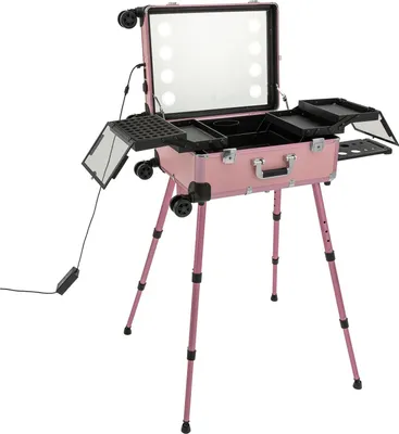 Obrázok produktu pre Kozmetický kufrík – 12 V kozmetický vozík – zrkadlo s 8 LED diódami – organizér – prenosný – s kolieskami – ružový
