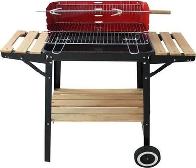 A red and black charcoal grill with wooden side shelves and a bottom shelf, shown against a white background.