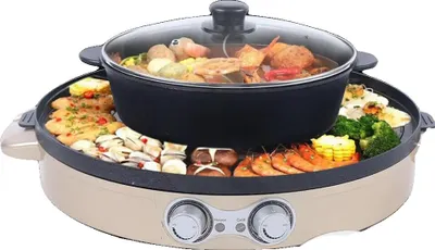 A multi-functional electric grill and hot pot with various food items.
