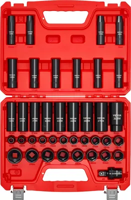 Produktbild von VEVOR 1/2 Zoll-Antrieb Schlagschrauber-Steckschlüsselsatz, 39-tlg. Muttern Entferner Set metrisch 9-30 mm, hochbelastbarer Chrom-Vanadium-Stahl, mit Kardangelenk & doppelter Größenmarkierung