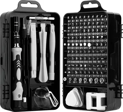A black carrying case containing a set of electronic repair tools, including a screwdriver and various bits.