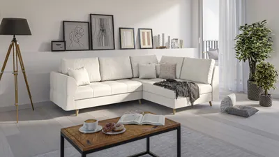 Produktbild von S-STYLE MÖBEL - Ecksofa mit Holzfüßen im skandinavischen Stil Marco aus Ecru Luxusmicrofaser - Ottomane rechts  - B/T/H: 231 cm/161 cm/81 cm