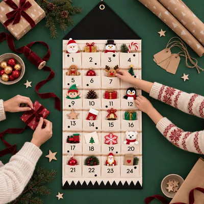 Produktbild von Adventskalender zum Aufhängen, 24 Taschen Stoff, befüllbar, Weihnachtsdeko, wiederverwendbar