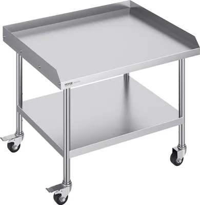 A stainless steel work table with two shelves and four wheels.