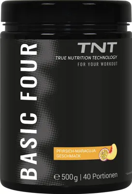 Produktbild von TNT Basic Four (500g, Pfirsich-Maracuja) - Trainingsbooster mit Tyrosin, Beta-Alanin, Creatine und Koffein