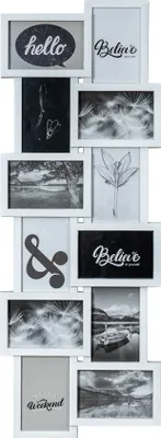 A collage of a white multi-photo frame with various black and white images and text.