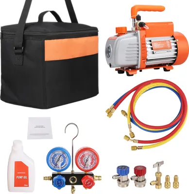 Produktbild von SucceBuy 1/5 HP 3.5 CFM AC Vakuumpumpen- und Manometer-Set Einstufiger Drehschieber HVAC-Kit mit Manometern, dreifarbigem Schlauch, Tragetasche, für R134a & R410a
