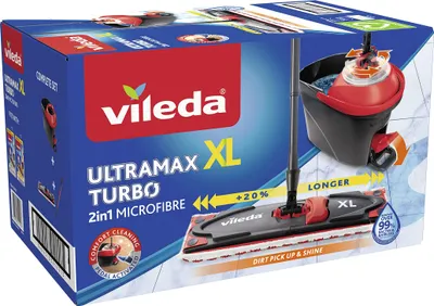 The image shows the Vileda Ultramax XL Turbo mop and bucket set packaging.