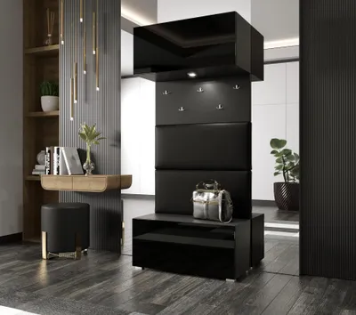 Produktbild von Furnitech GF77 Flur Dielenmöbel Garderobenschrank Dielenschrank Schuhschrank Flurmöbel Set Spiegel Hochglanz (Möbel ohne LED, GF77-21B-HG1 Schwarz)
