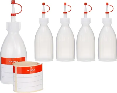 Produktbild von Octopus 5 x 100 ml Quetschflaschen, Spritzflaschen aus LDPE mit Tropfverschluss, Garnierflaschen, Dekorationsflasche für Küche, Hobby oder Labor