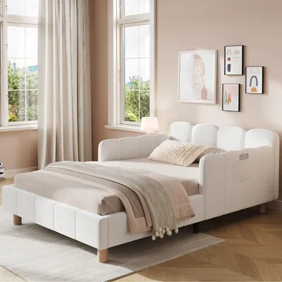 Immagine prodotto di Lettino Flieks 90x200 cm con protezione anticaduta, lettino imbottito con braccioli regolabili, letto singolo in legno con gambe in legno, bouclé, beige