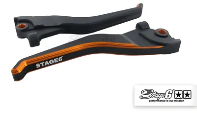 Zdjęcie produktu dla Para dwukolorowych dźwigni hamulca STAGE6 CNC do Yamaha Aerox Nitro w kolorze czarno-pomarańczowym