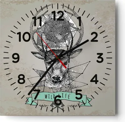 Produktbild von Wanduhr - Quadrat - Glasuhr - Hirsch Geweih Wald - 30x30cm - Schleichendes Uhrwerk - Lautlos - zum Aufhängen bereit - Dekoration Modern - Wanddekoration aus Glas - C4AC30x30-3072